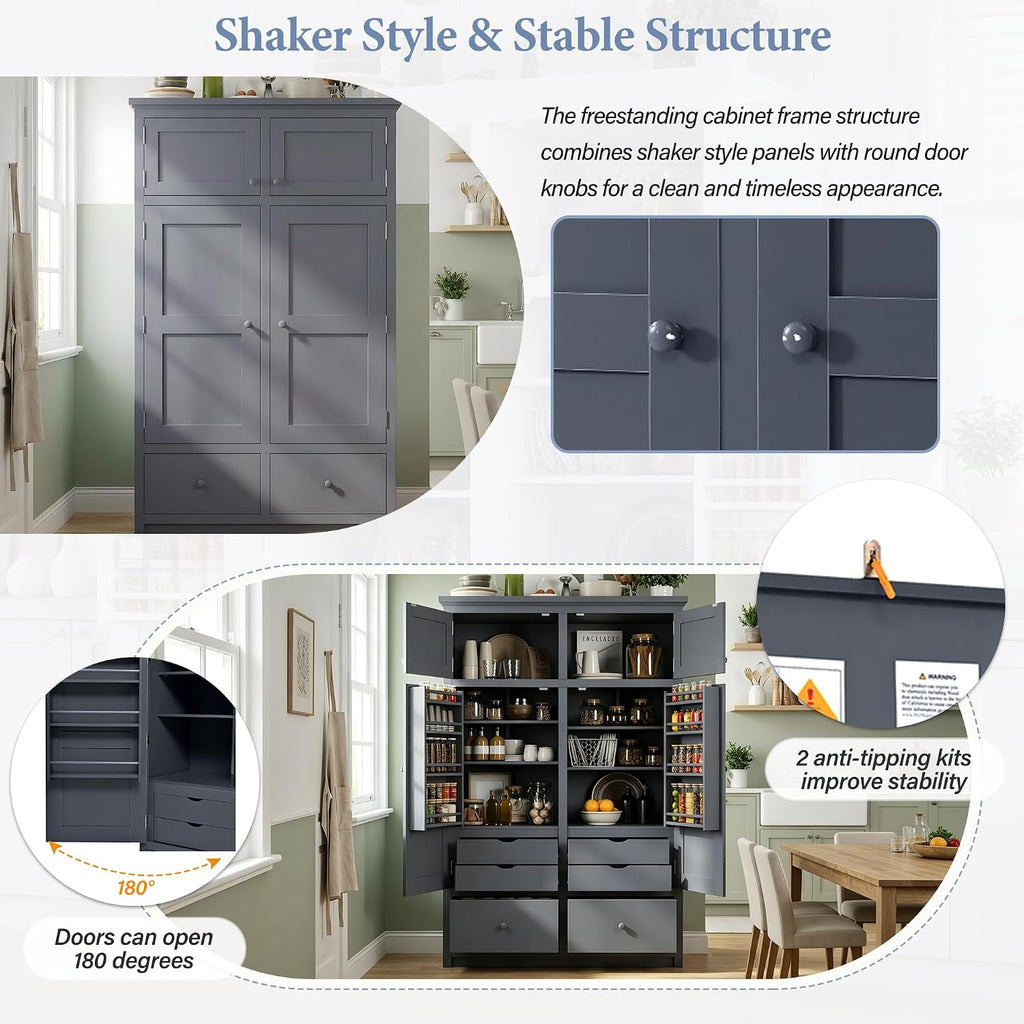 Freestanding Kitchen Pantry with Drawers, Shelves & Pull-out Trays,Gray | Freestanding tall unit with 8 door shelves, 4 pull-out trays, 6 drawers, gray finish, for dining room use