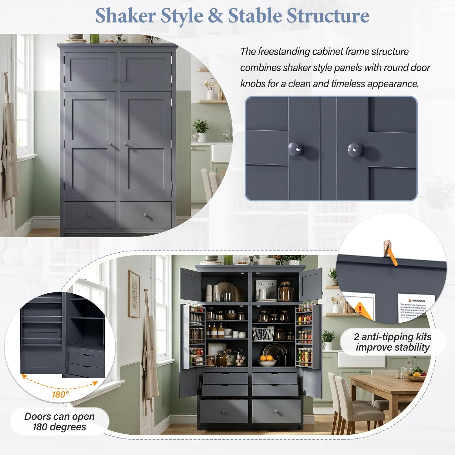 Freestanding Kitchen Pantry with Drawers, Shelves & Pull-out Trays,Gray | Freestanding tall unit with 8 door shelves, 4 pull-out trays, 6 drawers, gray finish, for dining room use
