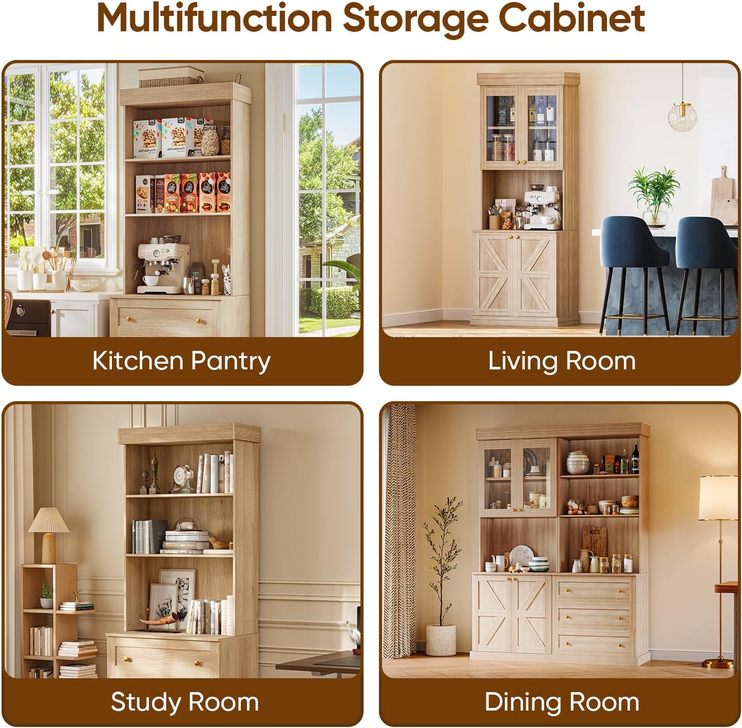 ivaniti 71" Tall Farmhouse Kitchen Pantry Cabinet, Freestanding Coffee Bar Hutch with Microwave Stand, Large Storage Cabinet with Drawers & Adjustable Shelves for Kitchen, Brown