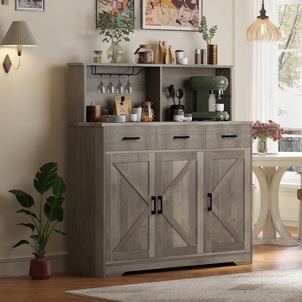 IDEALHOUSE Farmhouse Buffet Sideboard with Microwave Stand, Barn Door Storage Cabinet with Drawers and Shelves, Wood Coffee Bar for Kitchen, Dining Room, Living Room, Brown