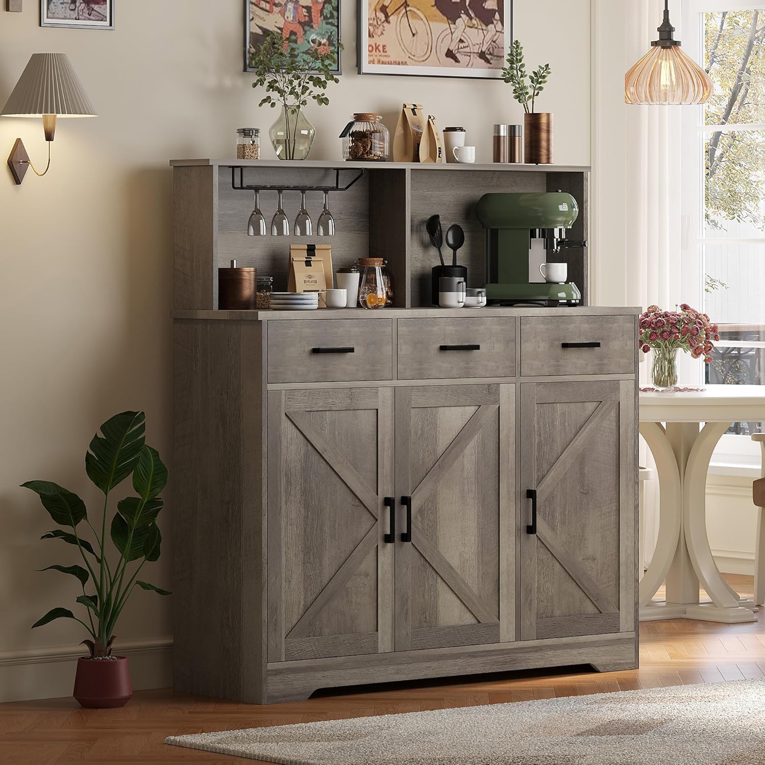 IDEALHOUSE Farmhouse Buffet Sideboard with Microwave Stand, Barn Door Storage Cabinet with Drawers and Shelves, Wood Coffee Bar for Kitchen, Dining Room, Living Room, Brown