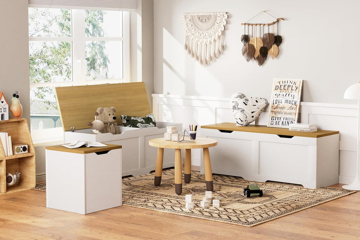 L-Shape Storage Bench with Cushion, 3-Pcs Large Capacity Entryway Chest Corner Seating Bench, Modern Modular Organizer Box for Kitchen, Living Room, Dining Room, Bedroom (White & Wood)
