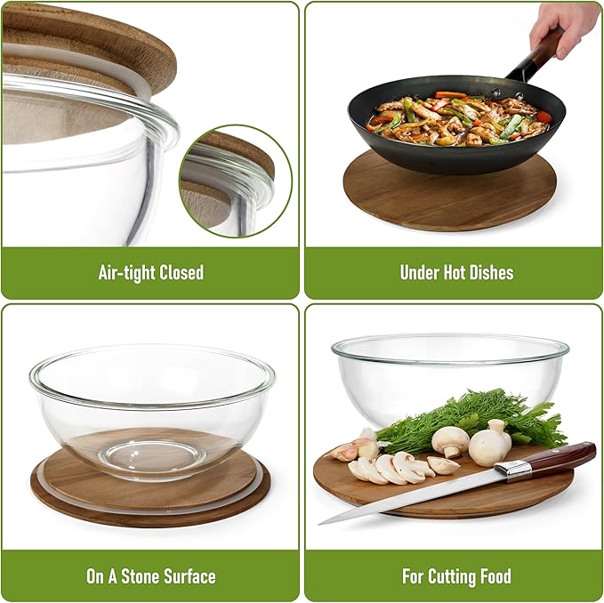 Stackable Space-Saving Set of 5 Nesting Glass Bowls with Acacia Lids for Foodprep, Storage, Mixing & Cooking - Microwave & Oven-ready BPA Free Durable Heat Resistant Inert Borosilicate Glass