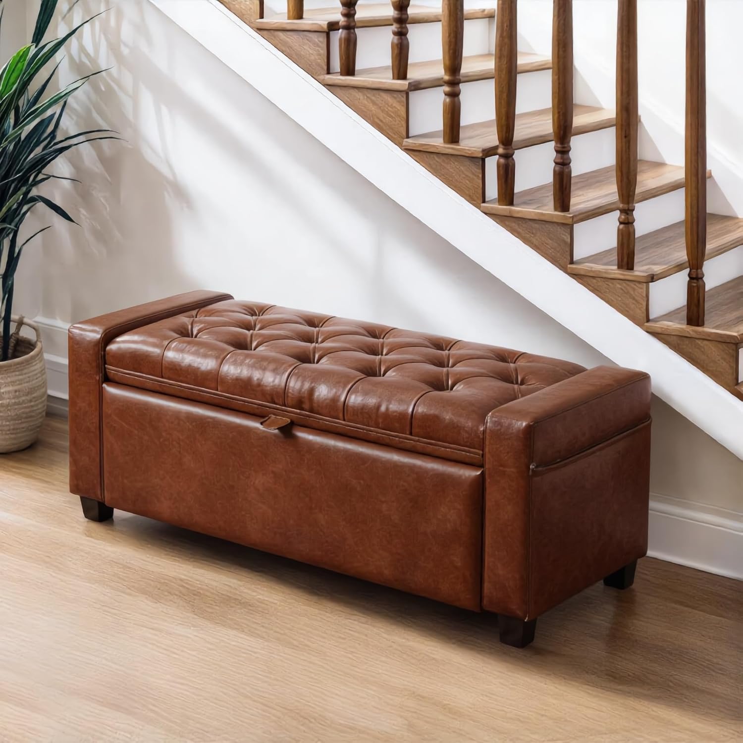 43.31'' Storage Ottoman Bench, Leather Upholstered Tufted Bedroom Bench with Storage, End of Bed Storage Bench for Living Room & Entryway, 350 lb Capacity, Leather Brown