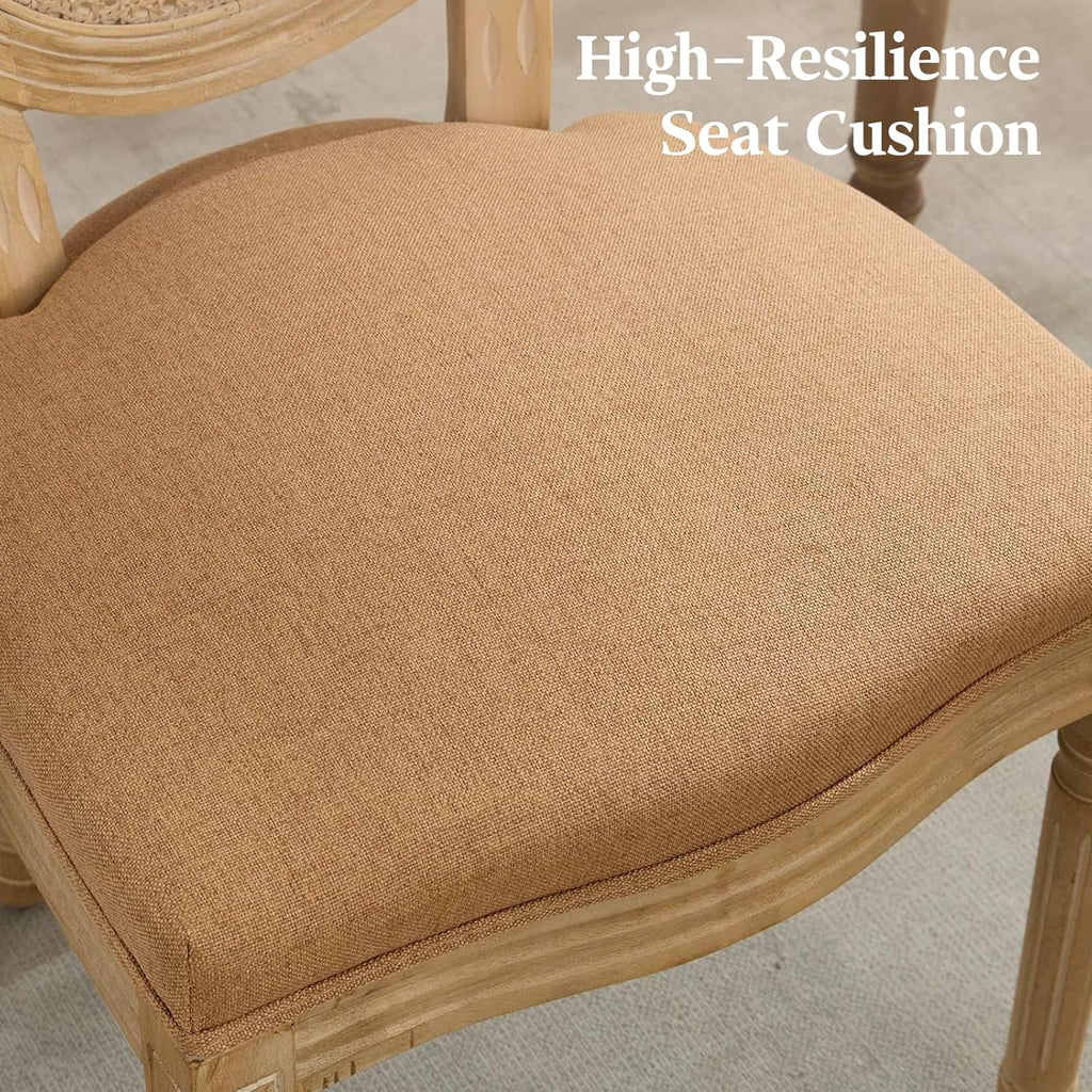 French Country Dining Chairs Set of 4,Upholstered Chairs with Rattan Round Back,Solid Wood Legs,for Living Room,Kitchen,Restaurant,Light Brown