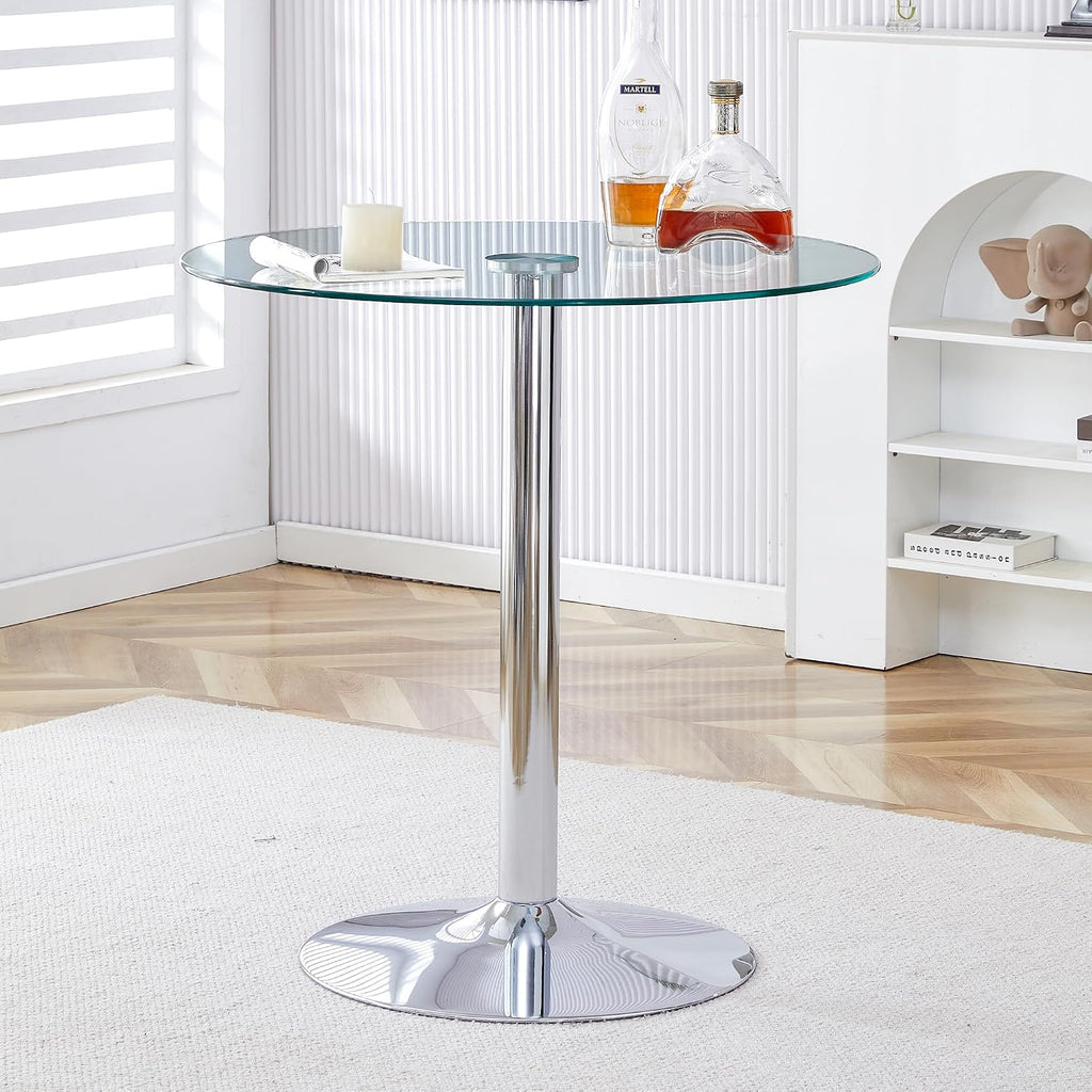 A Glass Tabletop with a Diameter of 35 inches and a Modern Minimalist Circular Dining Table with electroplated Silver Metal Legs. Suitable for Restaurants, Living Rooms, and Conference Rooms.BT-1166