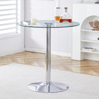 A Glass Tabletop with a Diameter of 35 inches and a Modern Minimalist Circular Dining Table with electroplated Silver Metal Legs. Suitable for Restaurants, Living Rooms, and Conference Rooms.BT-1166