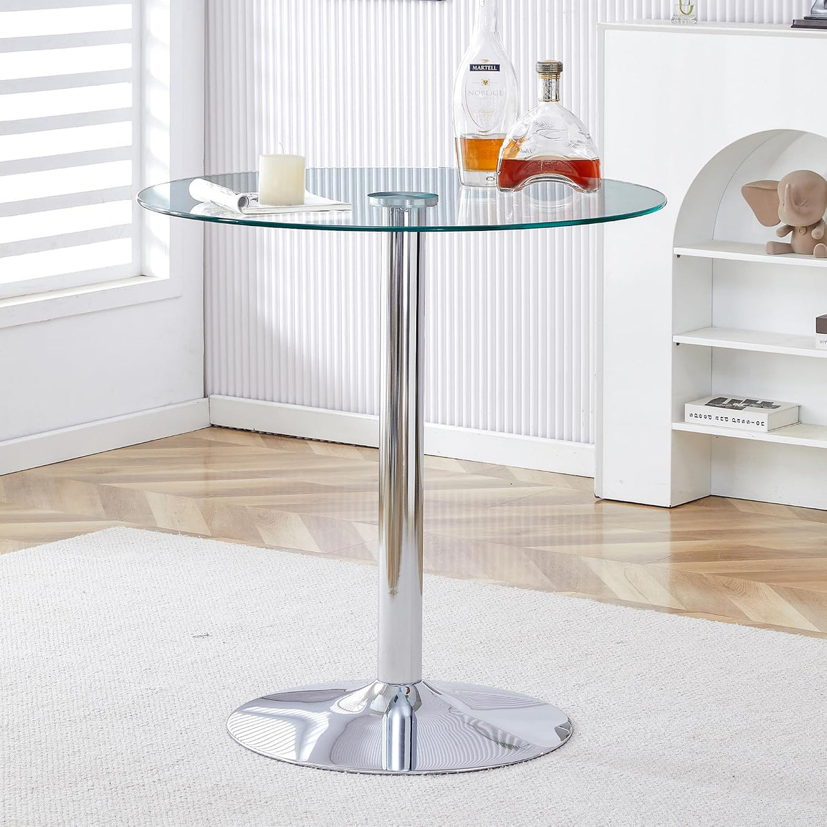 A Glass Tabletop with a Diameter of 35 inches and a Modern Minimalist Circular Dining Table with electroplated Silver Metal Legs. Suitable for Restaurants, Living Rooms, and Conference Rooms.BT-1166
