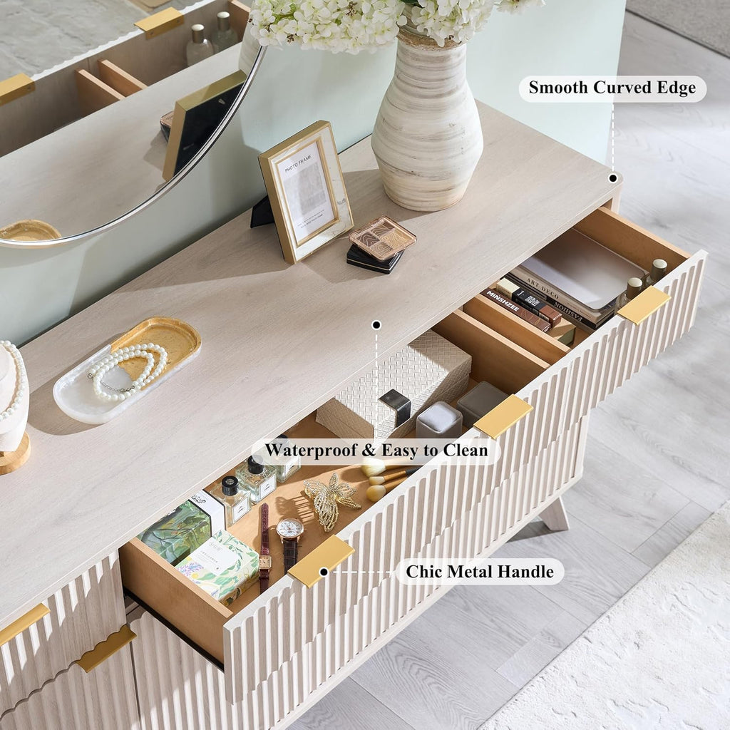 OKD Fluted Storage Cabinet with Drawers, 60" Morden Buffet Sideboard Coffee Bar Cabinet with 4 Doors and 3 Drawers for Dining Room, Living Room,Hallway (White Alder)