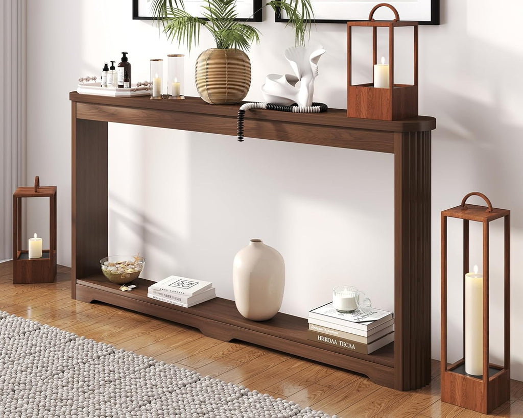 Rovibek Modern 70 Inch Entryway Table Narrow - Behind Sofa Table Narrow | 8 Inch Deep Console Table Behind Couch with Open Storage, Walnut Entryway Table for Hallway, Foyer, Living Room