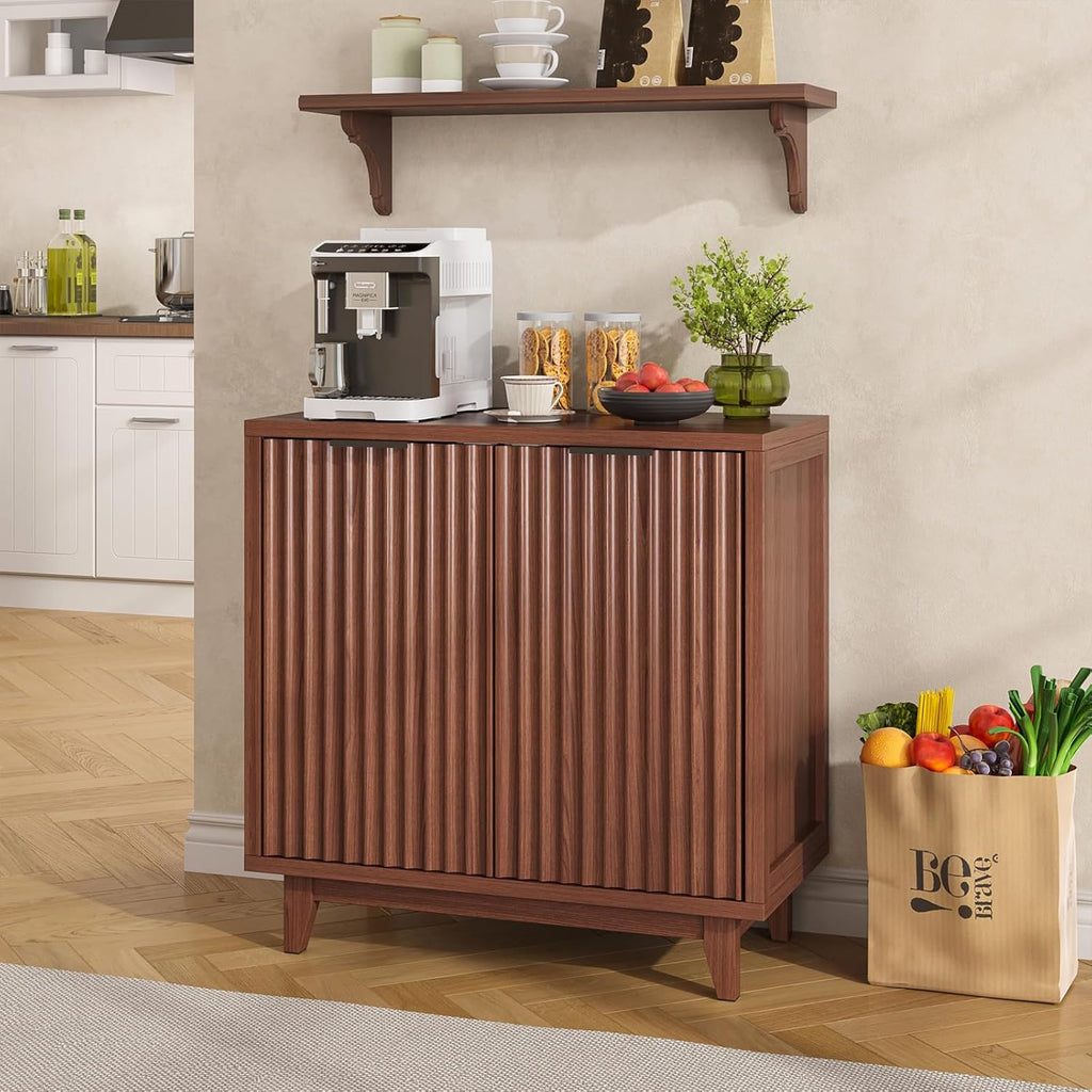 Vabches Modern Fluted Buffet Cabinet with Storage, 31.5" W Sideboard with Solid Wood Legs and Adjustable Shelf, Black Accent Cabinet for Kitchen, Living Room