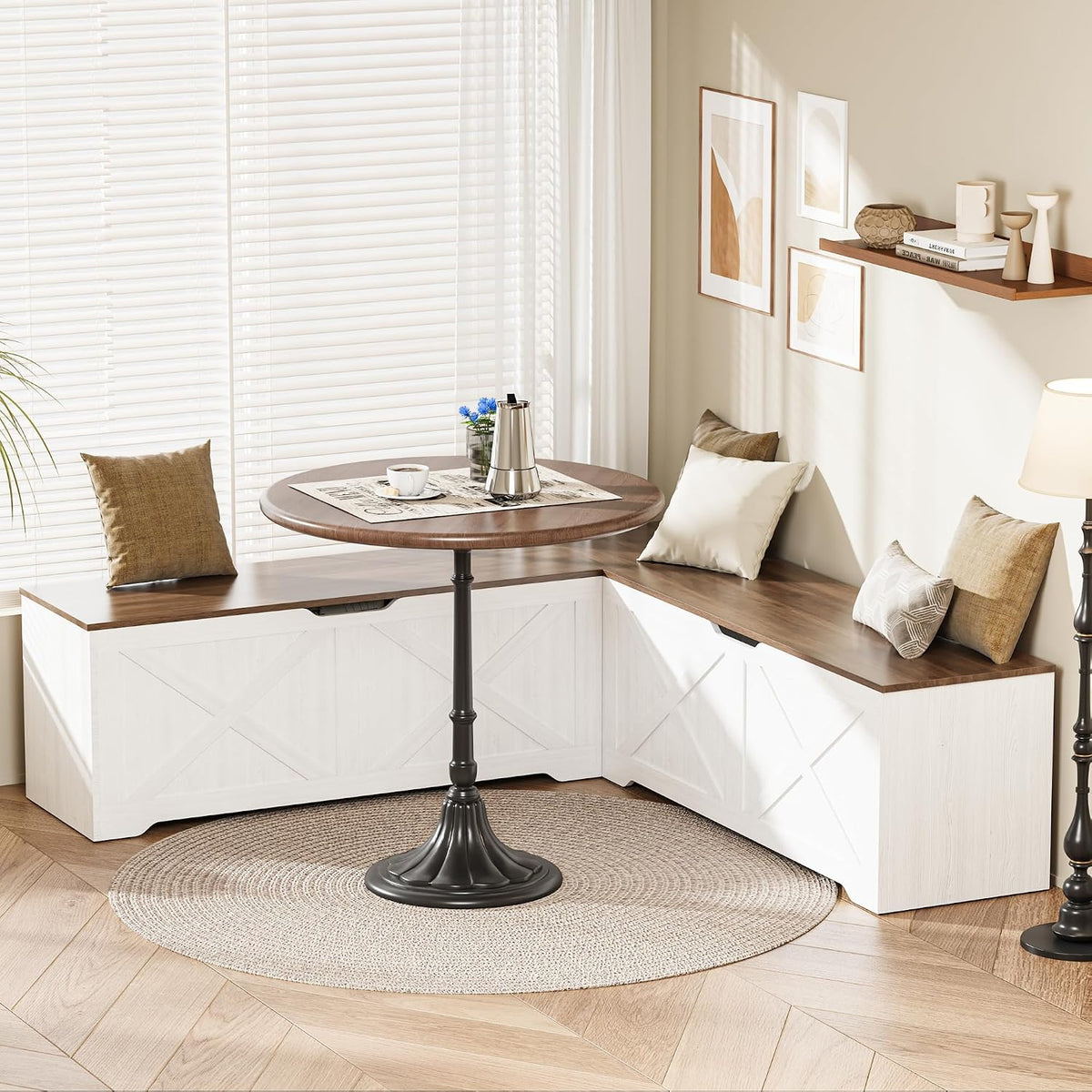 L Shaped Storage Bench, 63" Corner Bench with Storage, Breakfast Nook Bench with 3 Hidden Flip-Top Compartments, Backless Dining Bench for Kitchen, Entryway, Dining Room, Walnut White