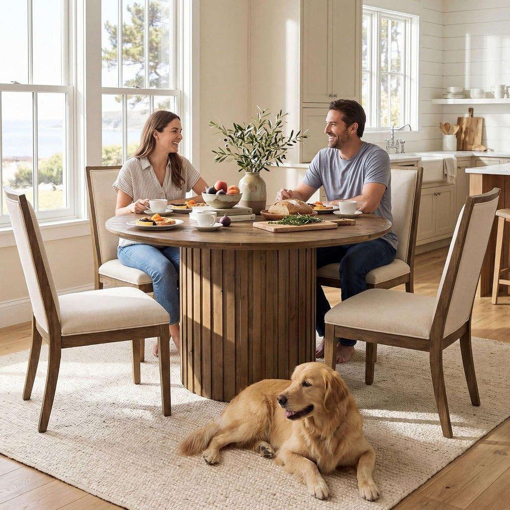 Reclaimed Round Pedestal Dining Table for 4-6 People, 47 Inch Wood Farmhouse Kitchen Table with Fluted Base, Rustic Circular Dining Table for Dining Room, Kitchen & Restaurant, Walnut