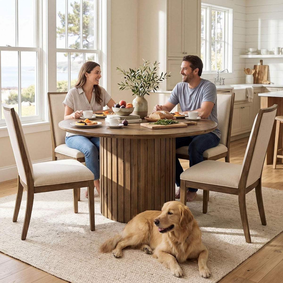 Reclaimed Round Pedestal Dining Table for 4-6 People, 47 Inch Wood Farmhouse Kitchen Table with Fluted Base, Rustic Circular Dining Table for Dining Room, Kitchen & Restaurant, Walnut