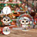 Christmas Owl Wind Spinner,3D Owl Spinner for Yard and Garden 3D Steel Wind Spinner Outdoor Hanging Wind Spinner 10 inch 3D Xmas Cute Owl Swirl
