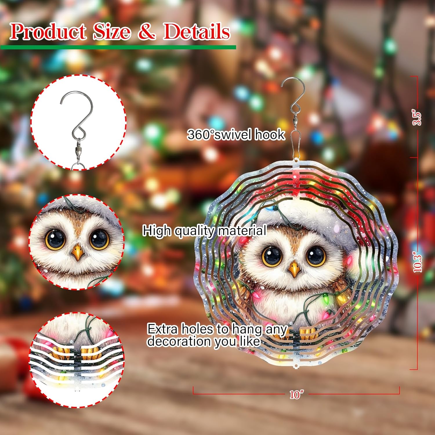 Christmas Owl Wind Spinner,3D Owl Spinner for Yard and Garden 3D Steel Wind Spinner Outdoor Hanging Wind Spinner 10 inch 3D Xmas Cute Owl Swirl