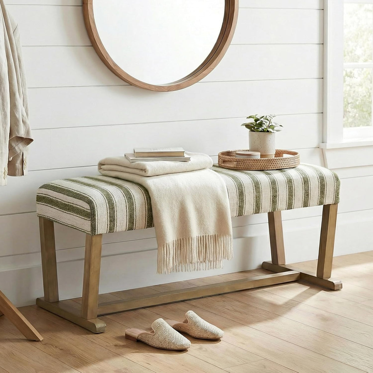 VKNOW 41" Upholstered Entryway Bench, End of Bed Bench with Cushion and Rubber Wood, Kitchen Dining Bench, Striped Bench for Dining Table, Bedroom, Living Room, Green