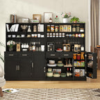 Tall Pantry Cabinet, Modern Kitchen Hutch with Microwave Stand, Kitchen Pantry Storage Cabinet with 2 Darwers & Door Shelf, Food Pantry with Goblet Holders & Adjustable Shelves for Dining Room, Black