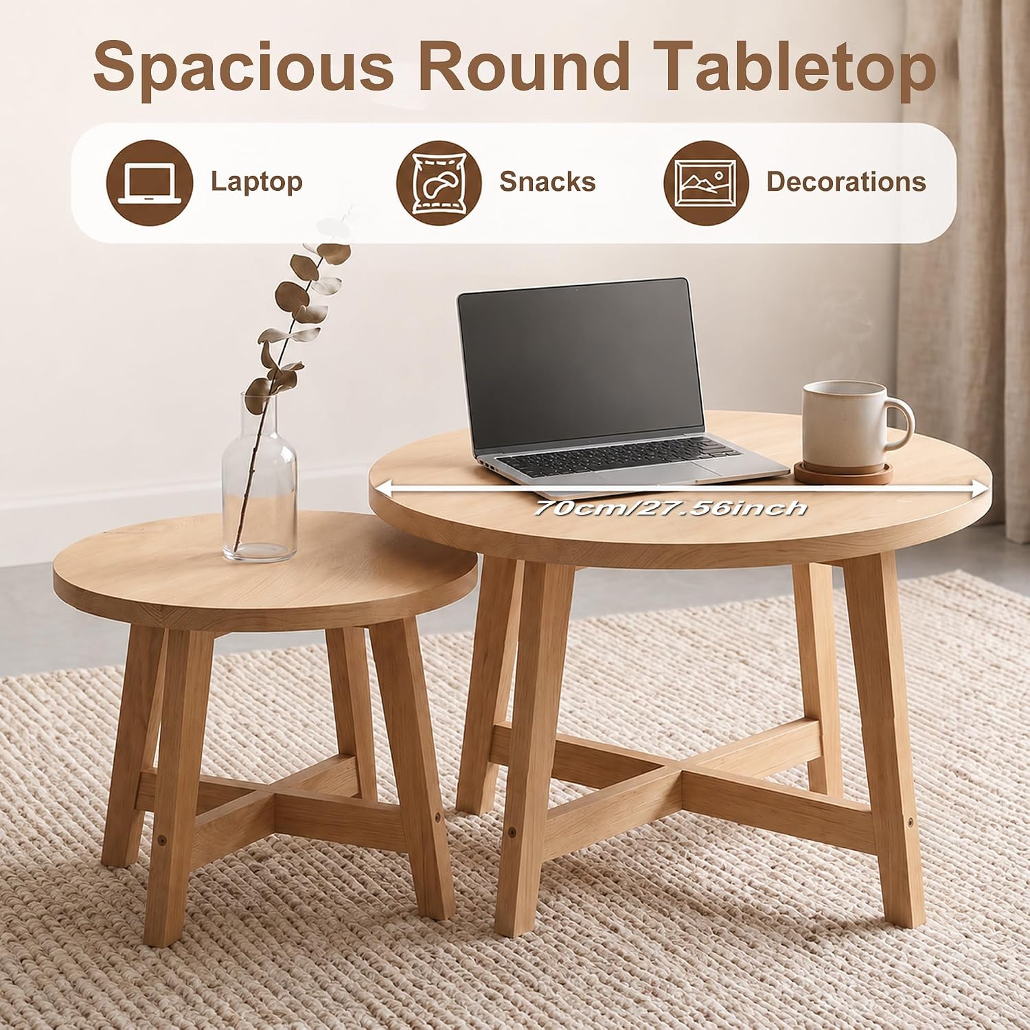 Round Nesting Coffee Tables, Set of 2, Natural Wood Finish Modern Side Tables with X-Shaped Frame, Stackable End Tables for Living Room, Bedroom