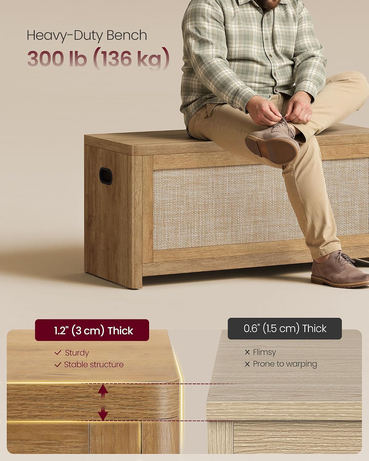 VASAGLE Boho Storage Bench with Rattan Look, Rounded Corners | Blanket Chest and Trunk with Seat for Bedroom Entryway, Natural Brown, ELLAN Collection ULSB503KC01