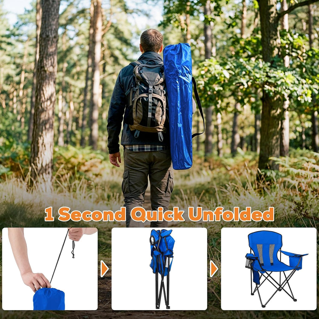 Romswi Portable Camping Chairs for Adult Support 400 LBS, Folding Outdoor Chairs with 4-Can Cooler Bag, Folding Chair with Mesh Back for Outdoor, Fishing, Garden, 2-Pack, Blue
