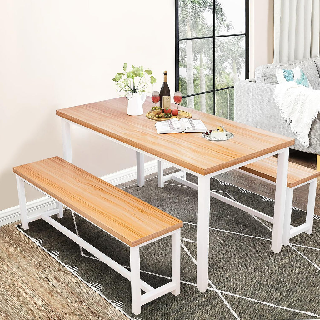 DKLGG Dining Table Set for 4, Wooden Kitchen Table with 2 Dining Bench | 47.2” Farmhouse Dining Room Table Set, Space Saving Table and Chairs Set for Small Space, Kitchen,Dining Room,Apartment