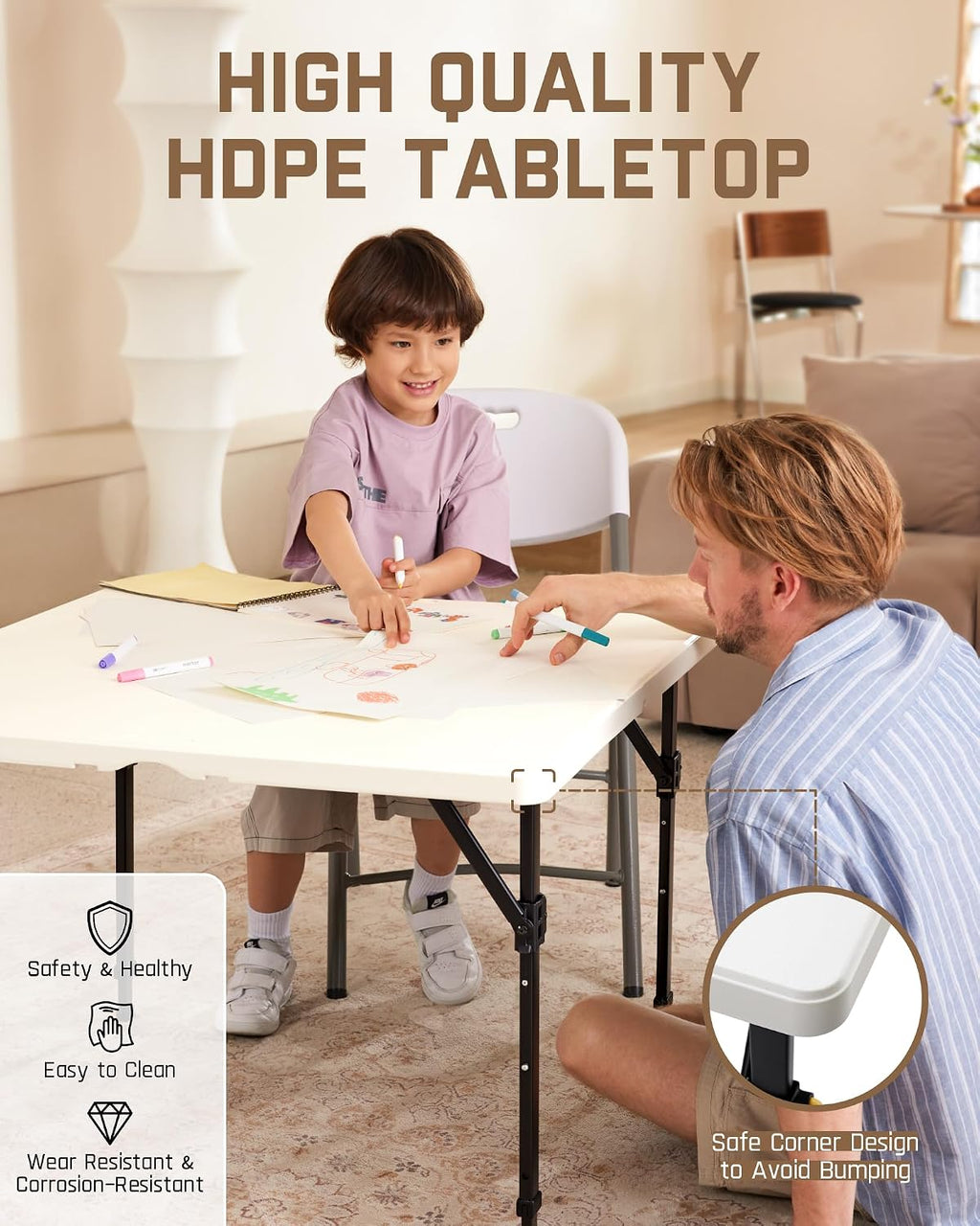 FanttikOutdoor Folding Card Table 34" Square, 2 Heights, Picnic Party Game | Fold-in-Half Utility Plastic Portable Table with Collapsible Legs & Carrying Handle, Heavy Duty, White Zeta S4 Pro