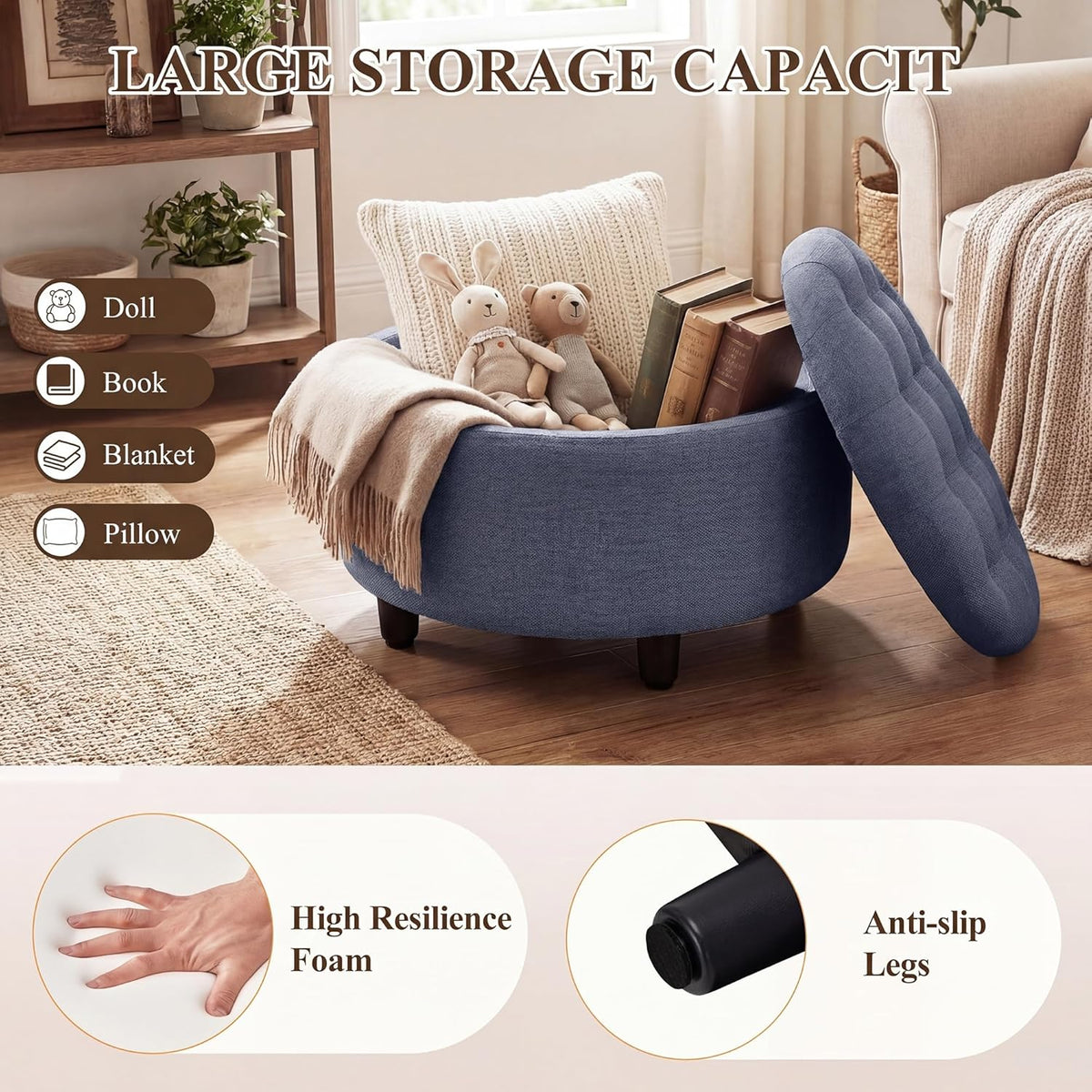 COLAMY Fabric Round Storage Ottoman with Reversible Tray Lid – Multi-Functional Footrest, Hidden Storage, Sturdy & Stylish Small Coffee Table for Living Room, Bedroom, or Entryway(Blue)