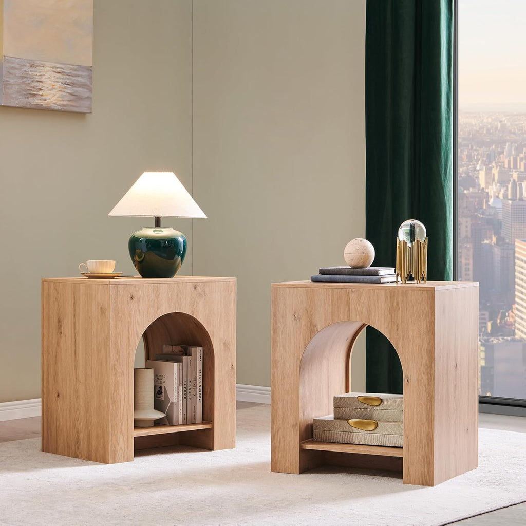 Arched End Table Set of 2 with Type-C Charging Station, 22" Modern Bedroom NightStand with Arched Shelf, Side Table with Outlet, USB, Type-C Port for Bedroom, Natural