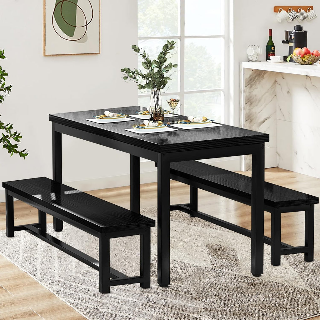 DKLGG Dining Table Set for 4, Wooden Kitchen Table with 2 Dining Bench | 47.2” Farmhouse Dining Room Table Set, Space Saving Table and Chairs Set for Small Space, Kitchen,Dining Room,Apartment
