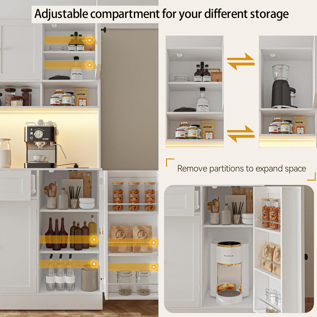FJTJBSI 72" Kitchen Pantry Cabinet with Charging Station and LED Light Tall Pantry Storage Cabinet with Adjustable Shelves Freestanding Kitchen Hutch with Countertop for Dining Room White