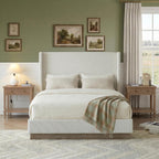 53" Majestic Wingback Bed Frame Queen - Premium Cream White Boucle Upholstered Platform Bed with Gray Oak Wood Base, 1000lbs Heavy Duty, No Box Spring Required（Queen U.S. Standard