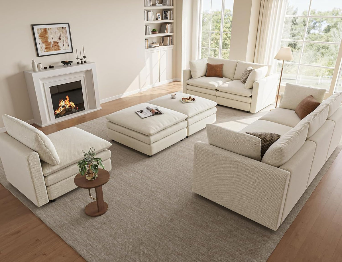 97" Cloud Couches for Living Room, 29.1" Deep Seat Modular Sectional Sofa, L Shaped Cloud Sofa with One Movable Ottoman