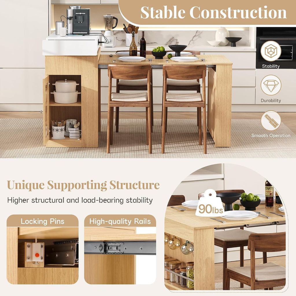 Extendable Dining Table with Storage, Transformer Console Table for 1-4 People, Mobile Rolling Island Table Space Saving Dining Room Table with Built-in Outlet for Homes, Apartments, Natural