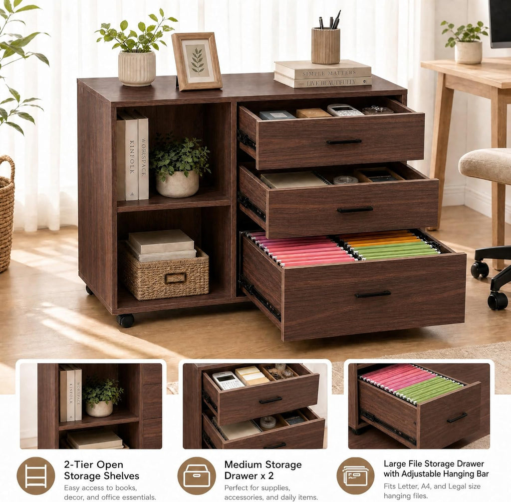 Tribesigns 39 in. Wooden Filing Cabinet with Open Storage Shelves and 3 Drawers,Rolling File Cabinet with Adjustable Hanging Rail,Printer Stand for Home Office (Walnut)