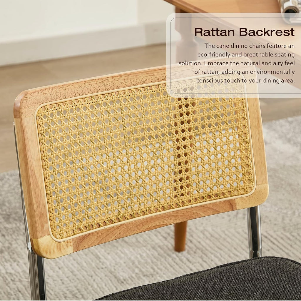 Rattan Back Linen Dining Chair Set of 4 Modern Breuer Designed Stainless Chrome Base Armless Upholstered Dining Chair for Dining Room, Kitchen Island(Black)