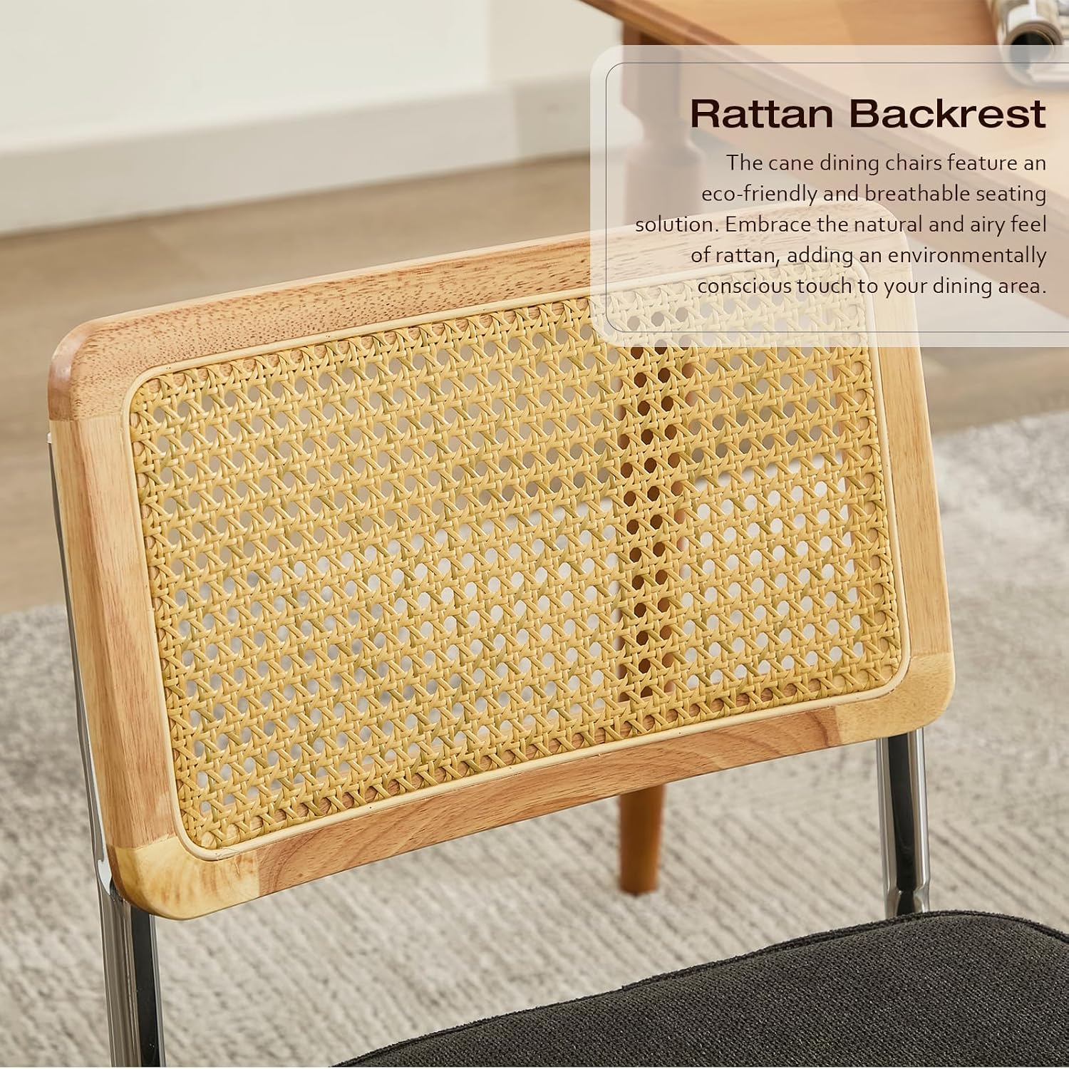 Rattan Back Linen Dining Chair Set of 4 Modern Breuer Designed Stainless Chrome Base Armless Upholstered Dining Chair for Dining Room, Kitchen Island(Black)