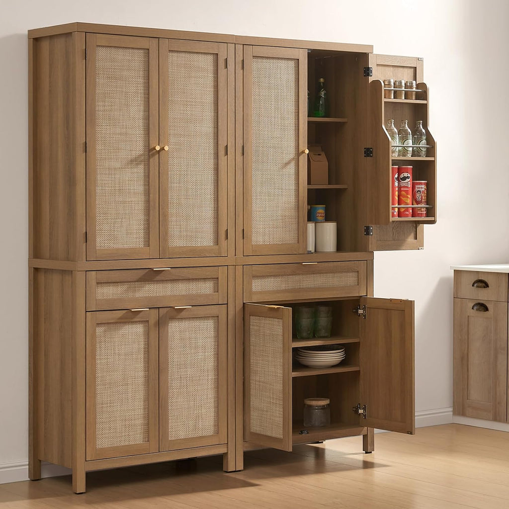 SICOTAS 72 inch Rattan Buffet Cabinet with Drawer, 4 Doors : Pantry Cabinet | 3 Pieces Tall Storage Cabinet, Farmhouse Boho Freestanding Cupboard Pantry with Storage for Living Room, Dining Room