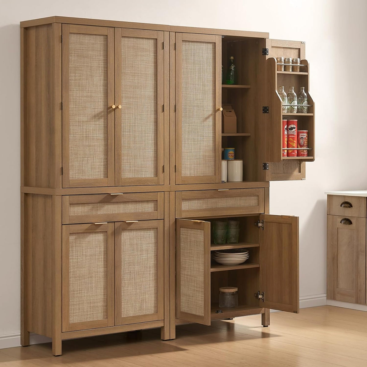 SICOTAS 72 inch Rattan Buffet Cabinet with Drawer, 4 Doors : Pantry Cabinet | 3 Pieces Tall Storage Cabinet, Farmhouse Boho Freestanding Cupboard Pantry with Storage for Living Room, Dining Room