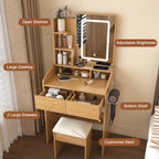 Small Makeup Vanity Desk with Light and Mirror,23.6" Compact Make up Dressing Table with USB, Type C Outlet and Holder, Padded Stool & Shelf, Space Saving Vanity Table for Teen Dorm Bedroom