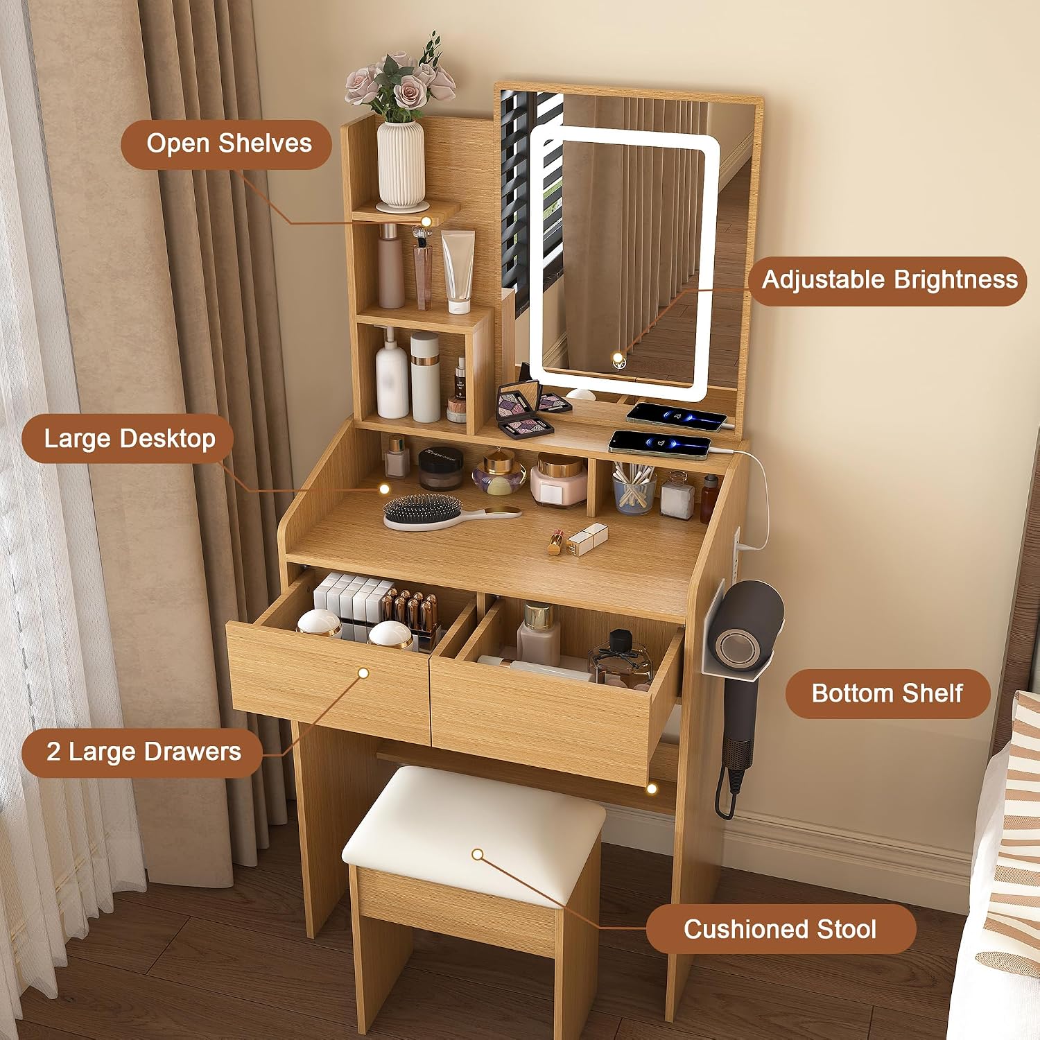 Small Makeup Vanity Desk with Light and Mirror,23.6" Compact Make up Dressing Table with USB, Type C Outlet and Holder, Padded Stool & Shelf, Space Saving Vanity Table for Teen Dorm Bedroom