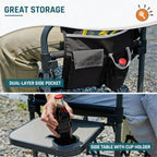 DMH OUTDOORS Camping Directors Chair with Side Table & Breeze Mesh Backrest | Oversized Heavy Duty Lawn Chairs with Pocket, 1-Step Setup Portable Folding Camp Chair for Beach, Sports, Fishing, Tailgating