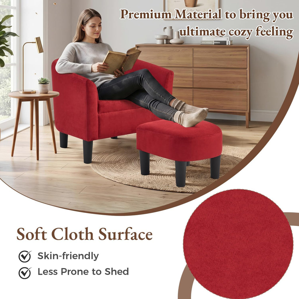 INZOY Oversized Accent Chair with Ottoman, 23.2" W Oversized Club Chair with Ottoman Set, Comfy Fabric Barrel Reading Chairs for Living Room Bedroom, Round Reading Chair with Foot Rest, Red