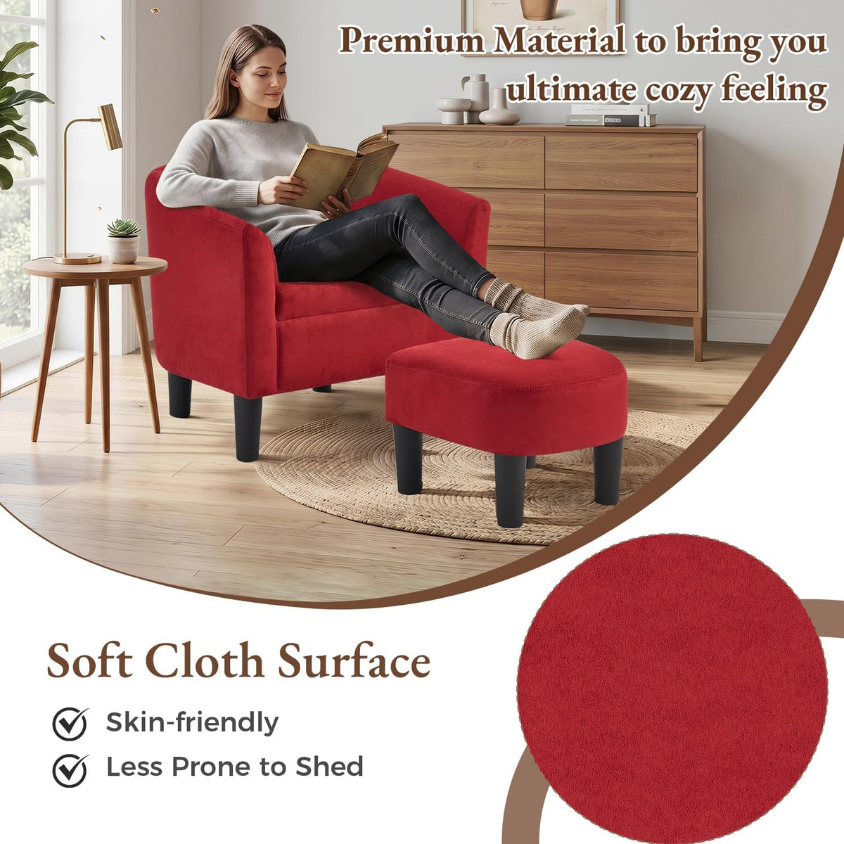 INZOY Oversized Accent Chair with Ottoman, 23.2" W Oversized Club Chair with Ottoman Set, Comfy Fabric Barrel Reading Chairs for Living Room Bedroom, Round Reading Chair with Foot Rest, Red