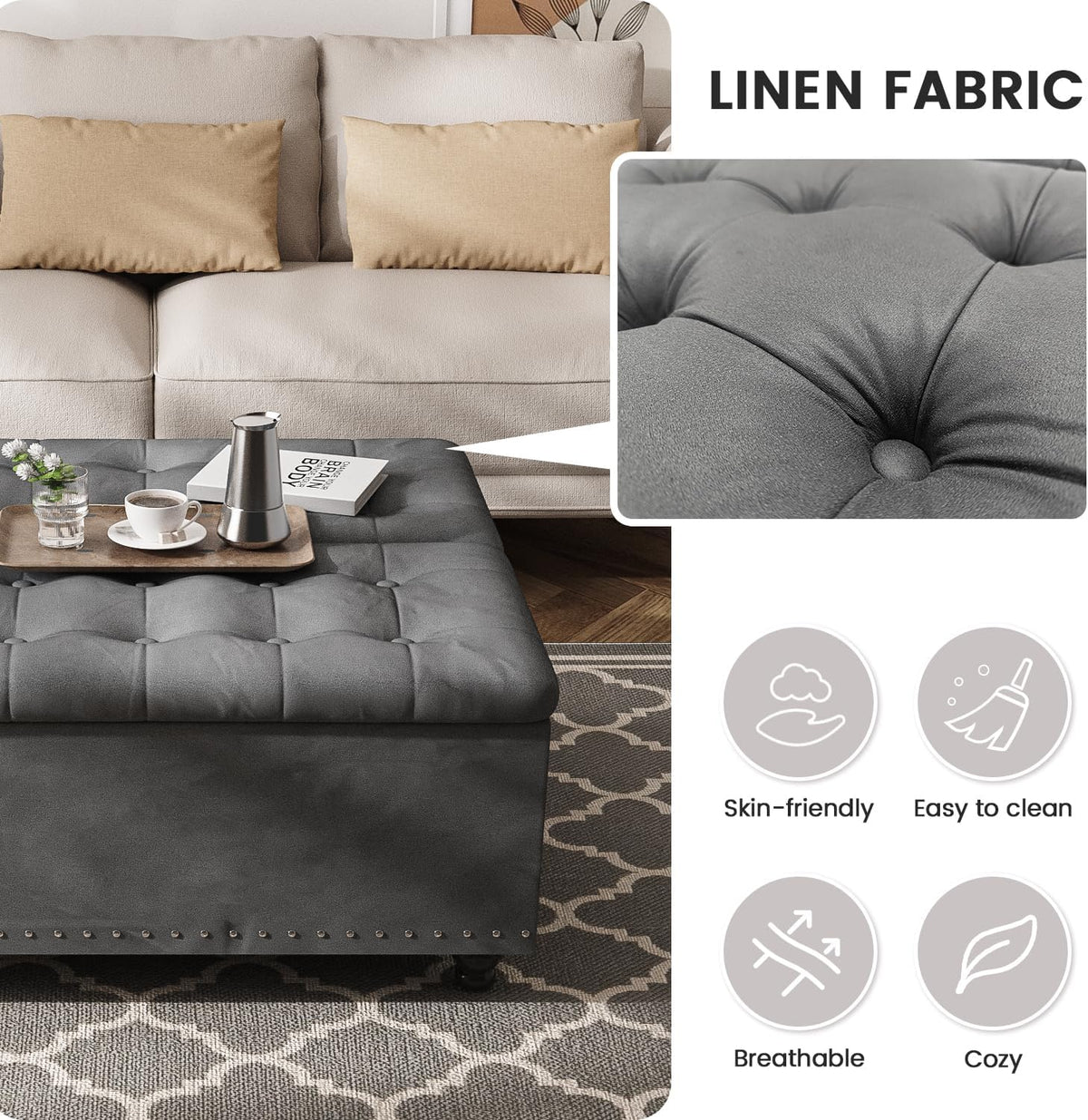 FUXA 35" Large Square Ottoman with Storage and Lift Top, Wood Legs, Gray | Oversized Coffee Table, Tufted Upholstered Bench, Sturdy Construction, for Living Room