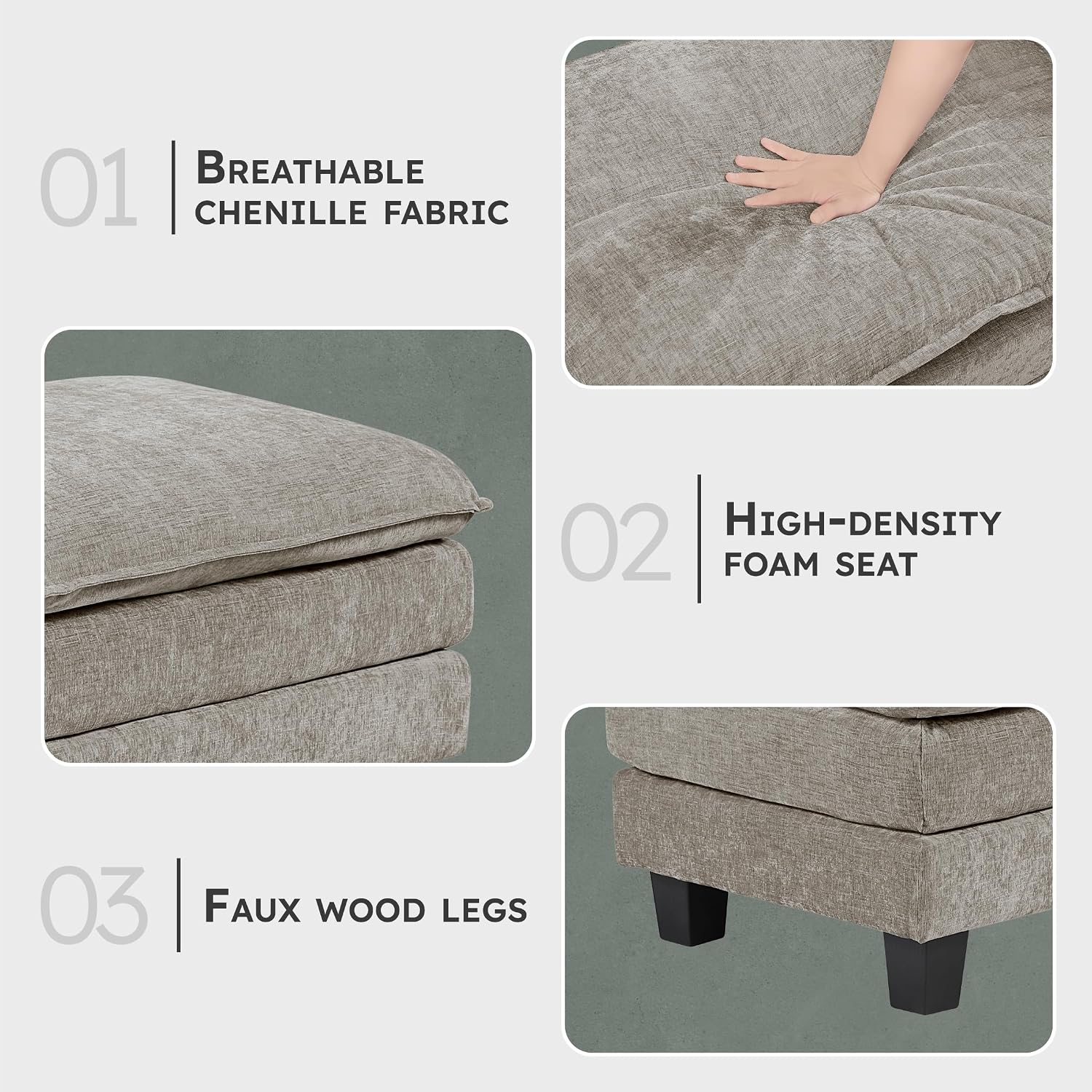 Lexicon Chenille Upholstered Rectangle Ottoman, Foot Stool, Black Faux Wood Feet, Durable Frame, Large Padded, Modular Sectional Couch Add Ons for Living Room, Bedroom, Assembly Required, Dark Pewter