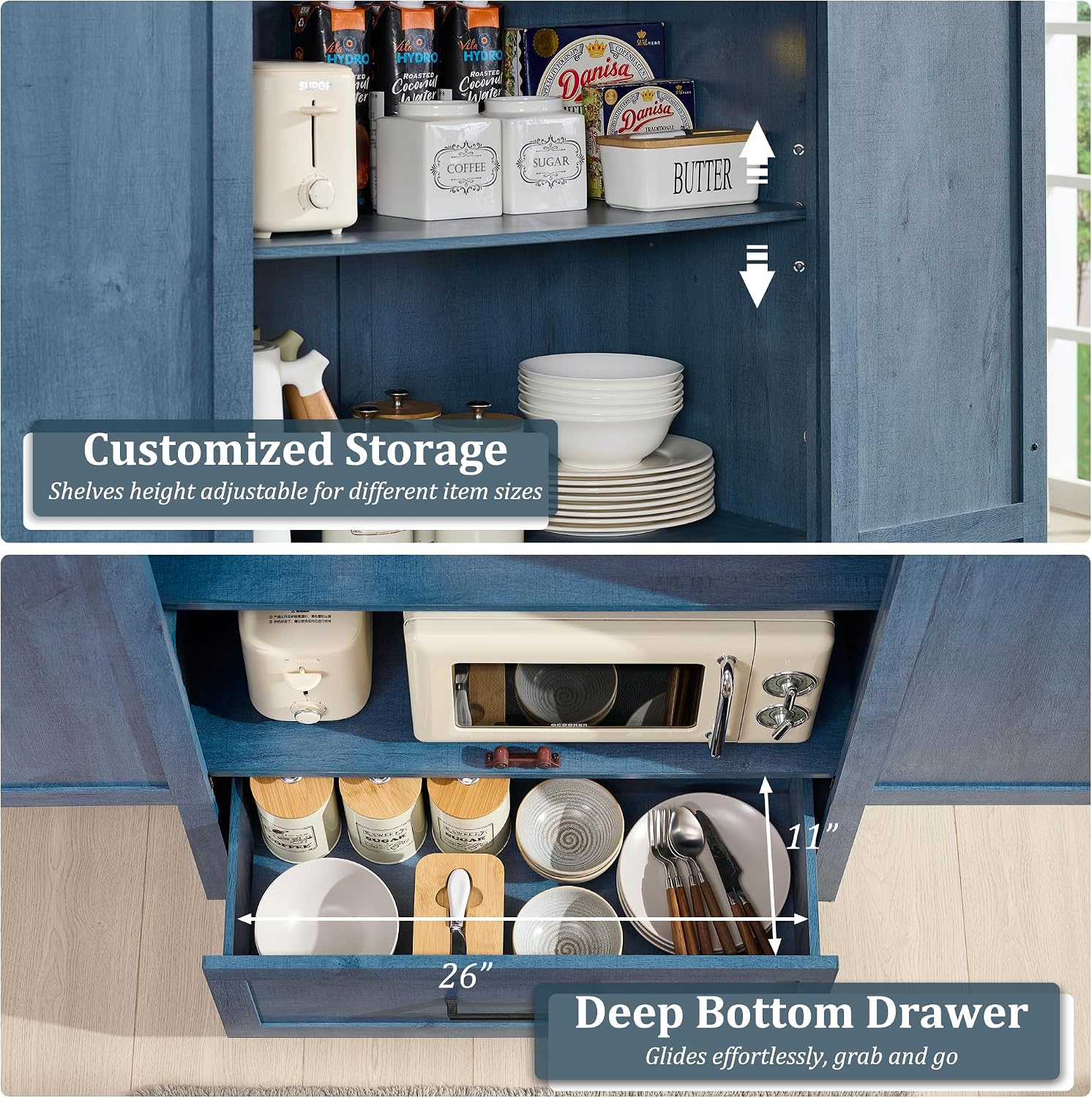 JXQTLINGMU Farmhouse Kitchen Pantry Cabinet - 72" Tall Wood Kitchen Storage Cabinets with Adjustable Shelves & 2 Barn Doors & Drawer, Versatile Storage for Dining Room, Bathroom, Rustic Blue