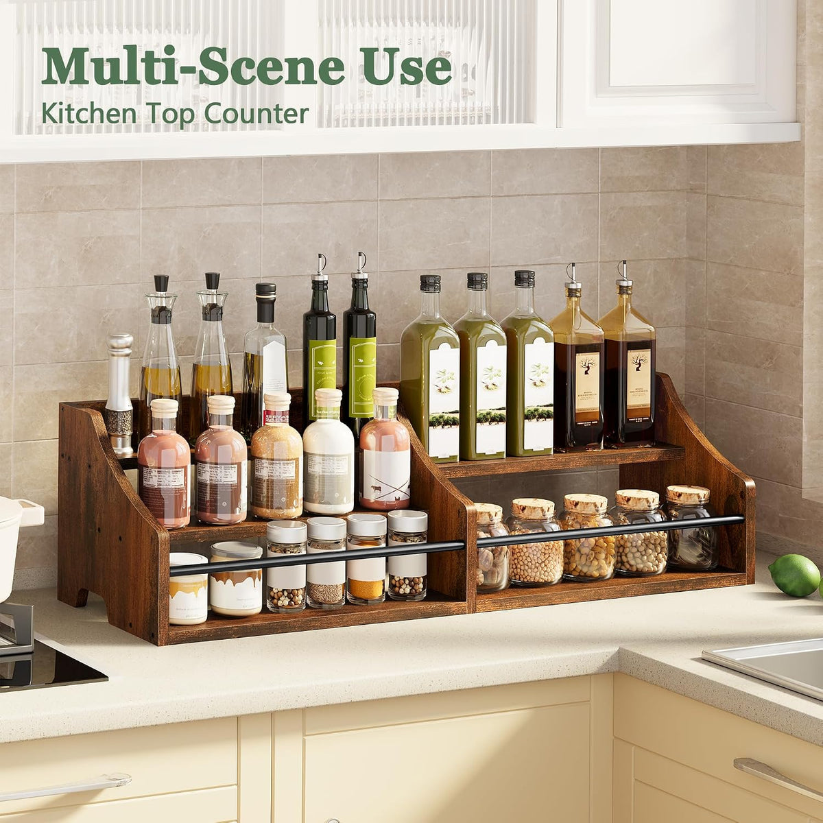 FAVOOSTY 5 Tier Countertop Liquor Bottle Display Shelf Organizer, Retro Tabletop Wine Rack Stand, Storage Holder for Whiskey, Spirits, Coffee Syrup, Mini Home Bar & Liquor Cabinet, Rustic Brown
