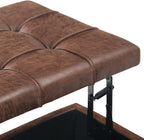 SIMPLIHOME Harrison 36" Wide Vegan Leather Lift Top Ottoman in Saddle Brown | Distressed saddle brown, transitional lift-top ottoman with hidden storage for living room; square footstool or coffee table.