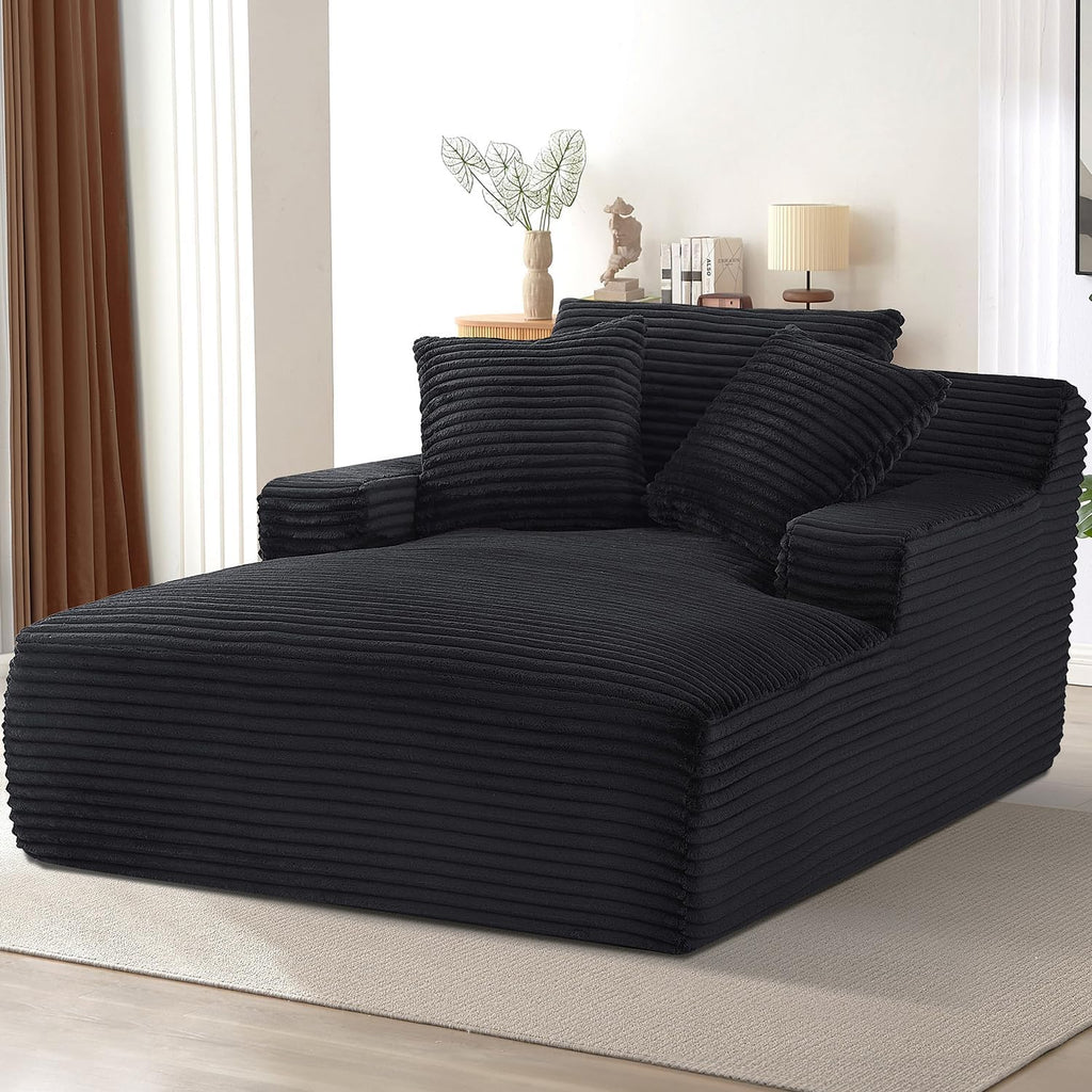 Avenix 66" Oversized Chaise Lounge Chair Indoor, Cloud Corduroy Reading Chair Deep Seat Sofa Couch Bed with 3 Pillows for Living Room, No Assembly Required, Black